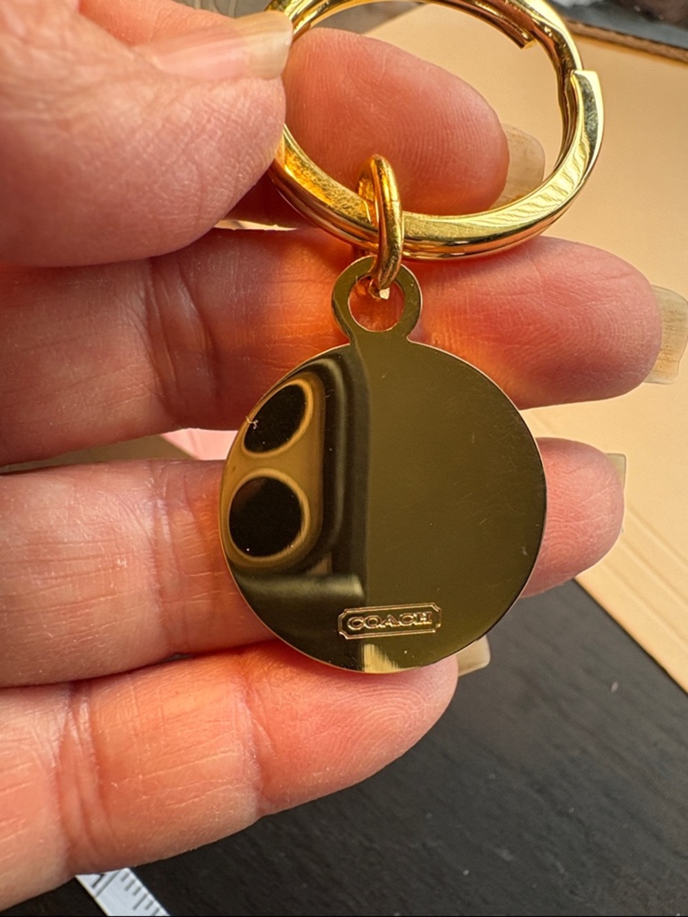 Coach Gold-Tone Enamel Circle Charm Keyring with Multicolor Pattern - Picture 3 of 4
